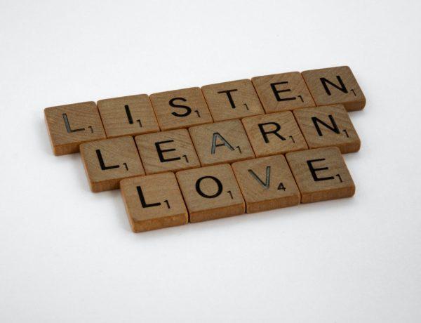listen learn love scrabble pieces